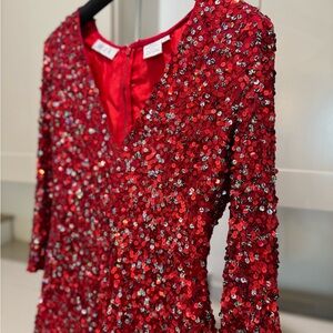 Red Long Sleeve V-Neck Cocktail Gown